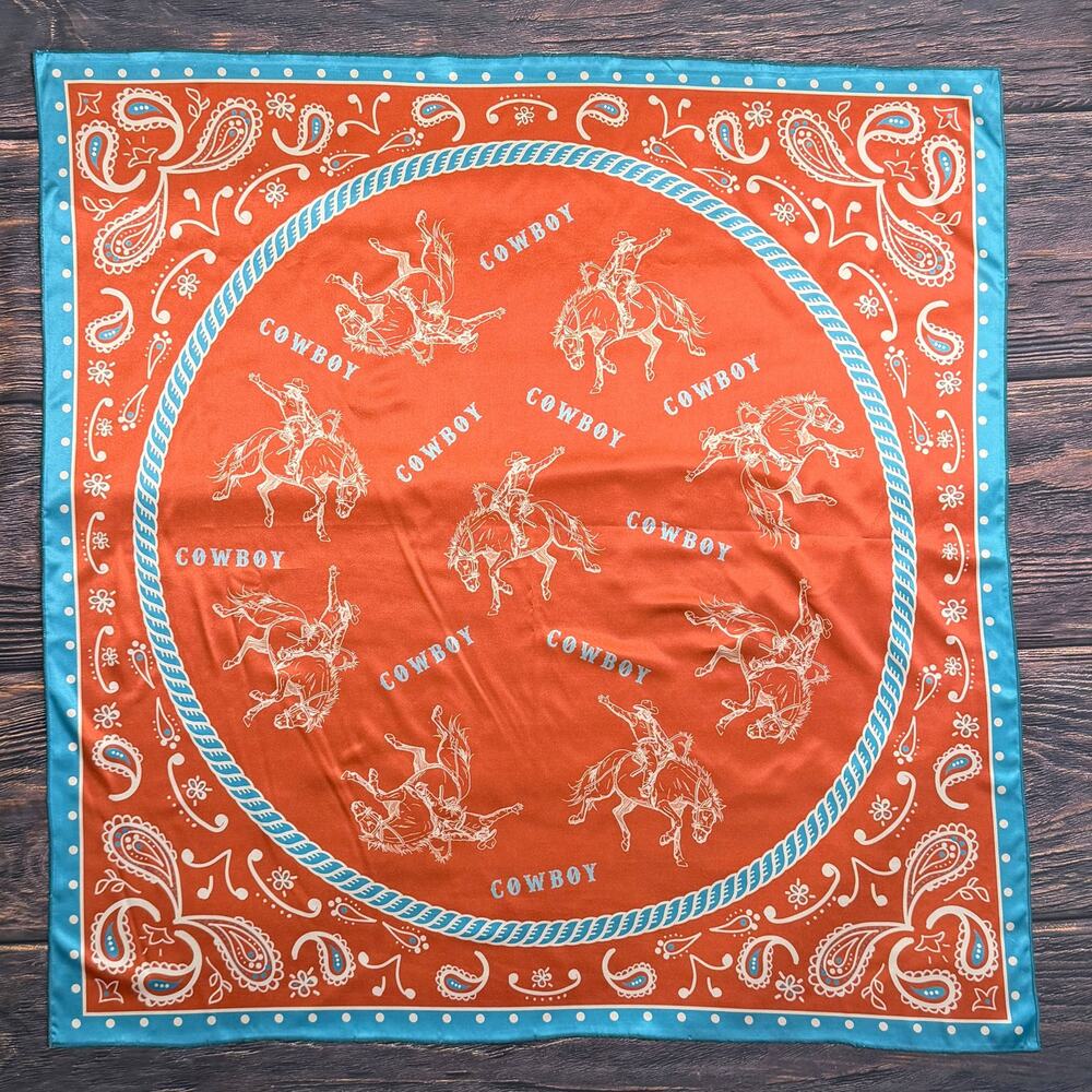 Avery Apparel Western Cowboy Print Wild Rag Scarf Rust Turquoise 36x36
